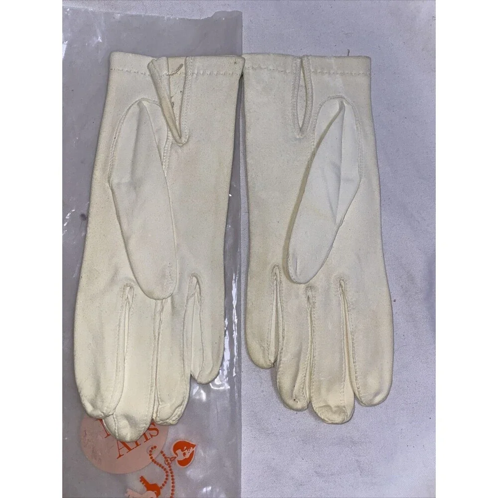 Vintage gloves Miss Aris White 2 stretchy 2A-1342 Floral Leather elegant